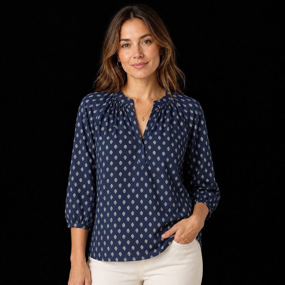 Ann Mashburn Sienna Top M Navy Ivory Mazan Provençal Print Poplin Cotton Blouse